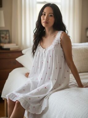 DELICATES 100% Cotton Babydoll Nightgown Medium Embroidered Flowers Trim EC
Exce